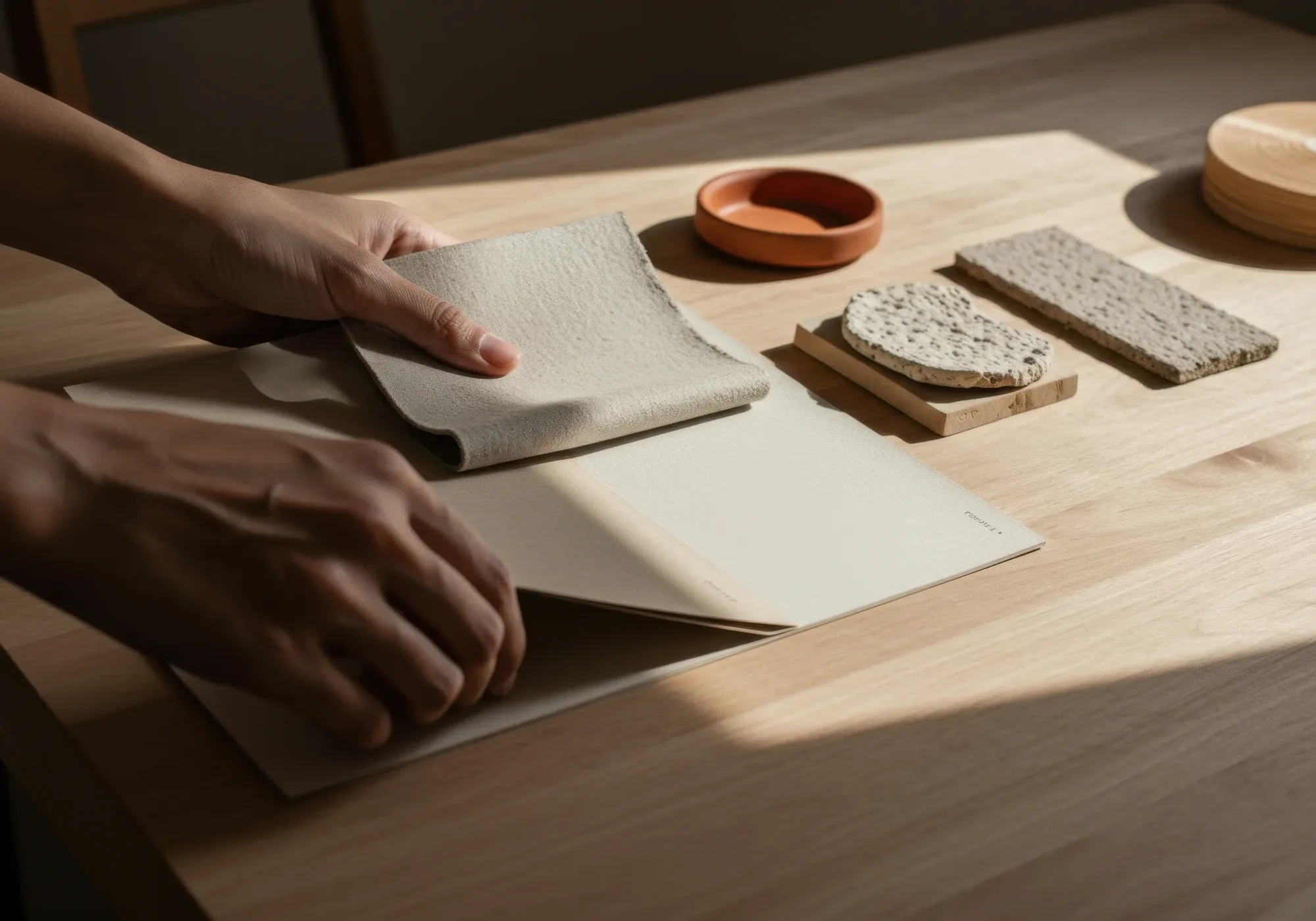 Hands working with material samples on a wooden table
