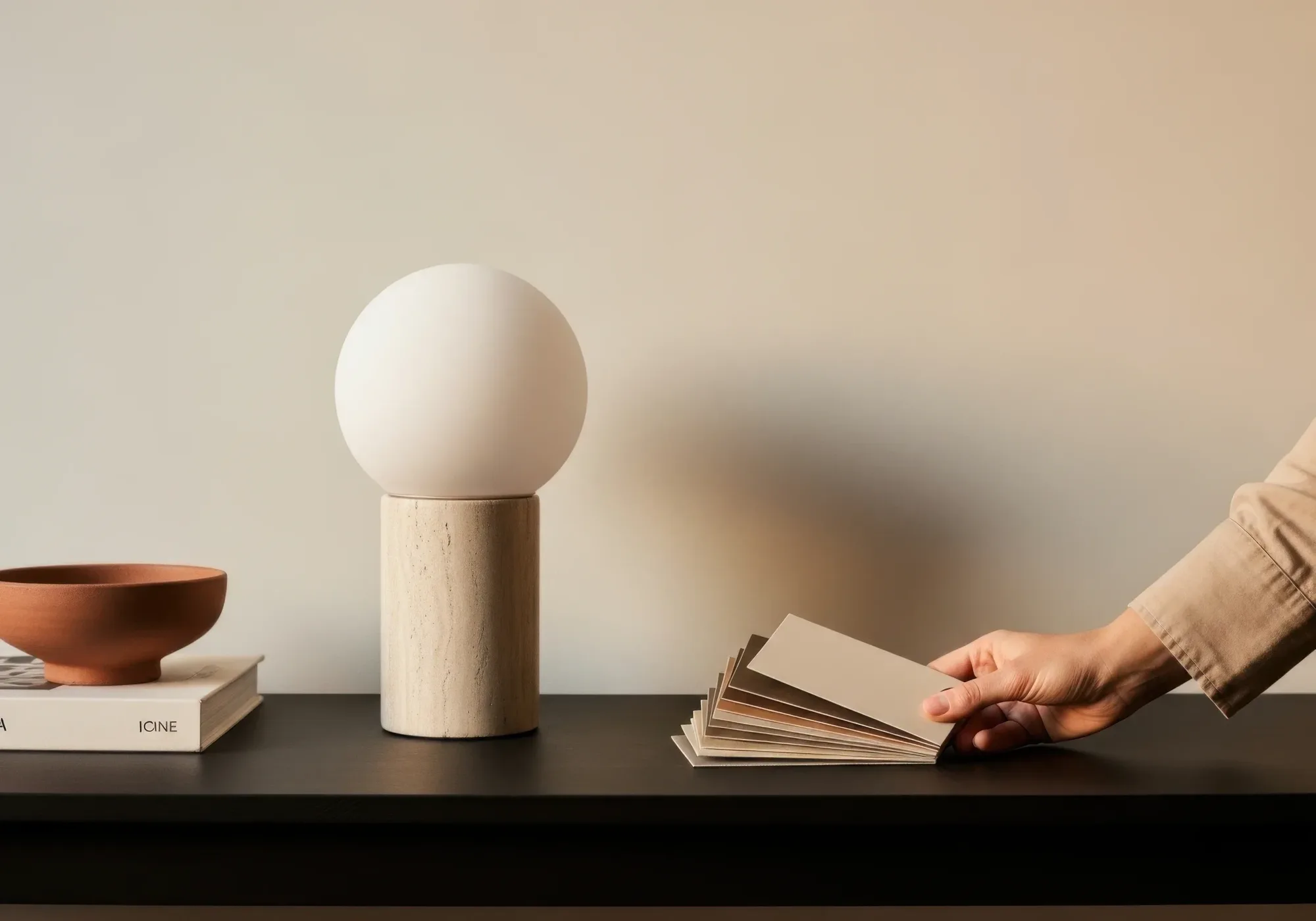 Globe lamp and swatches on a dark console