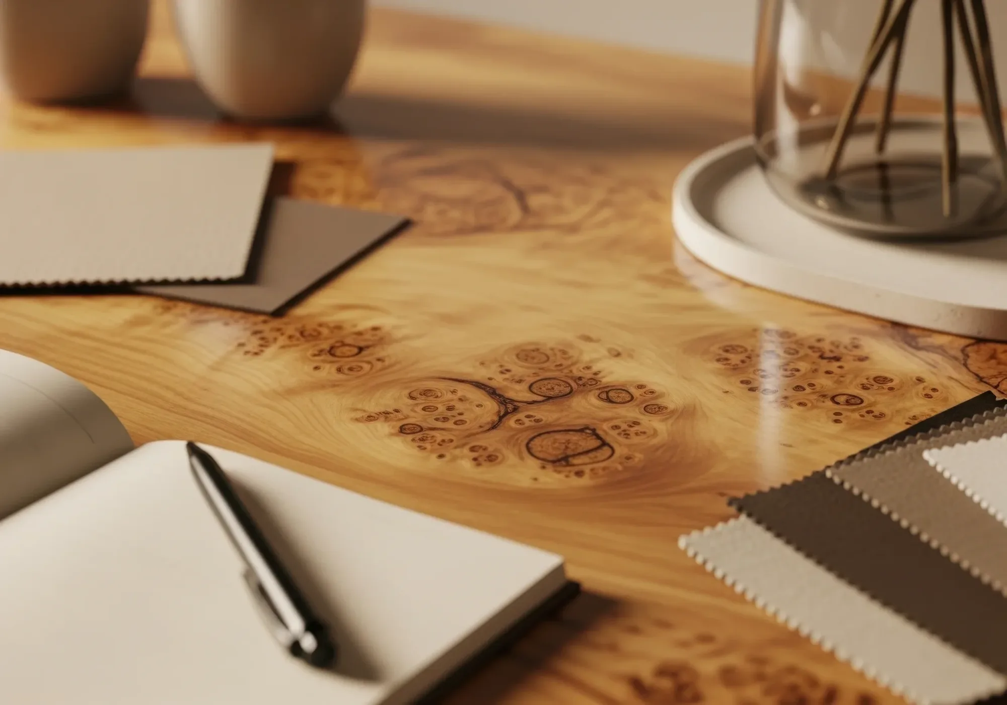 Notebook and swatches on a burl wood desk